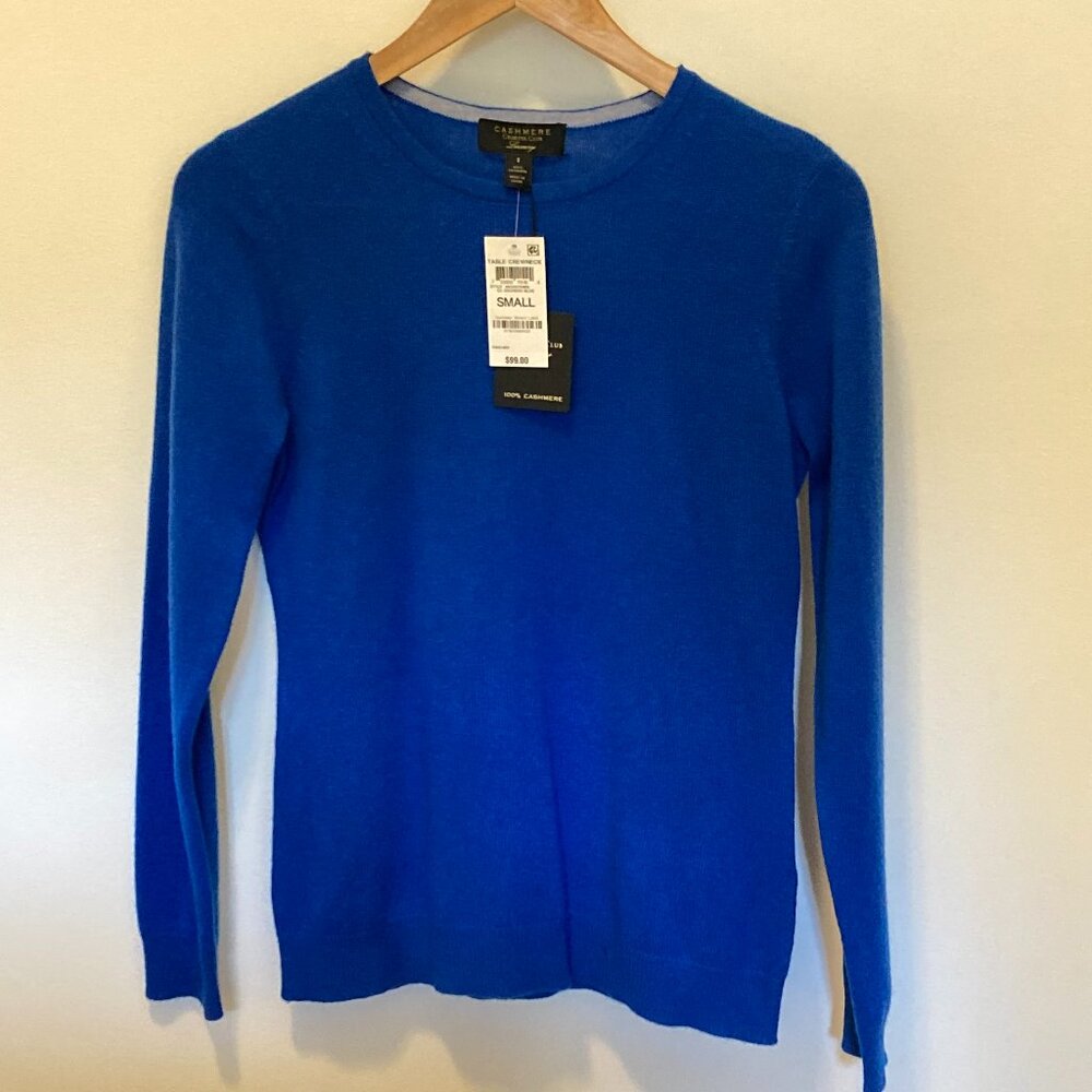 Charter Club Cashmere Crewneck Sweater, Duchess Blue, S, NWT / 2 SMALL HOLES